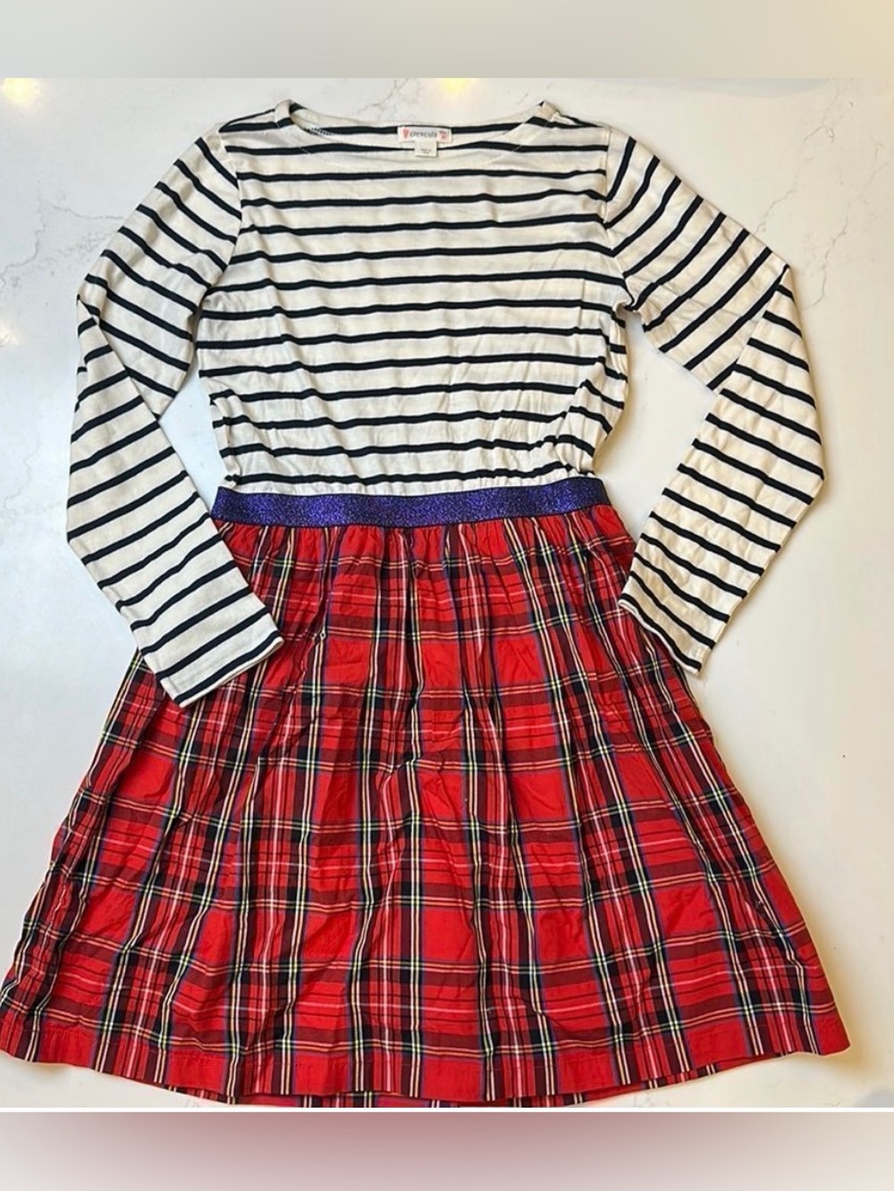 Crewcuts Navy-Striped Top with Red Plaid Skirt Dress